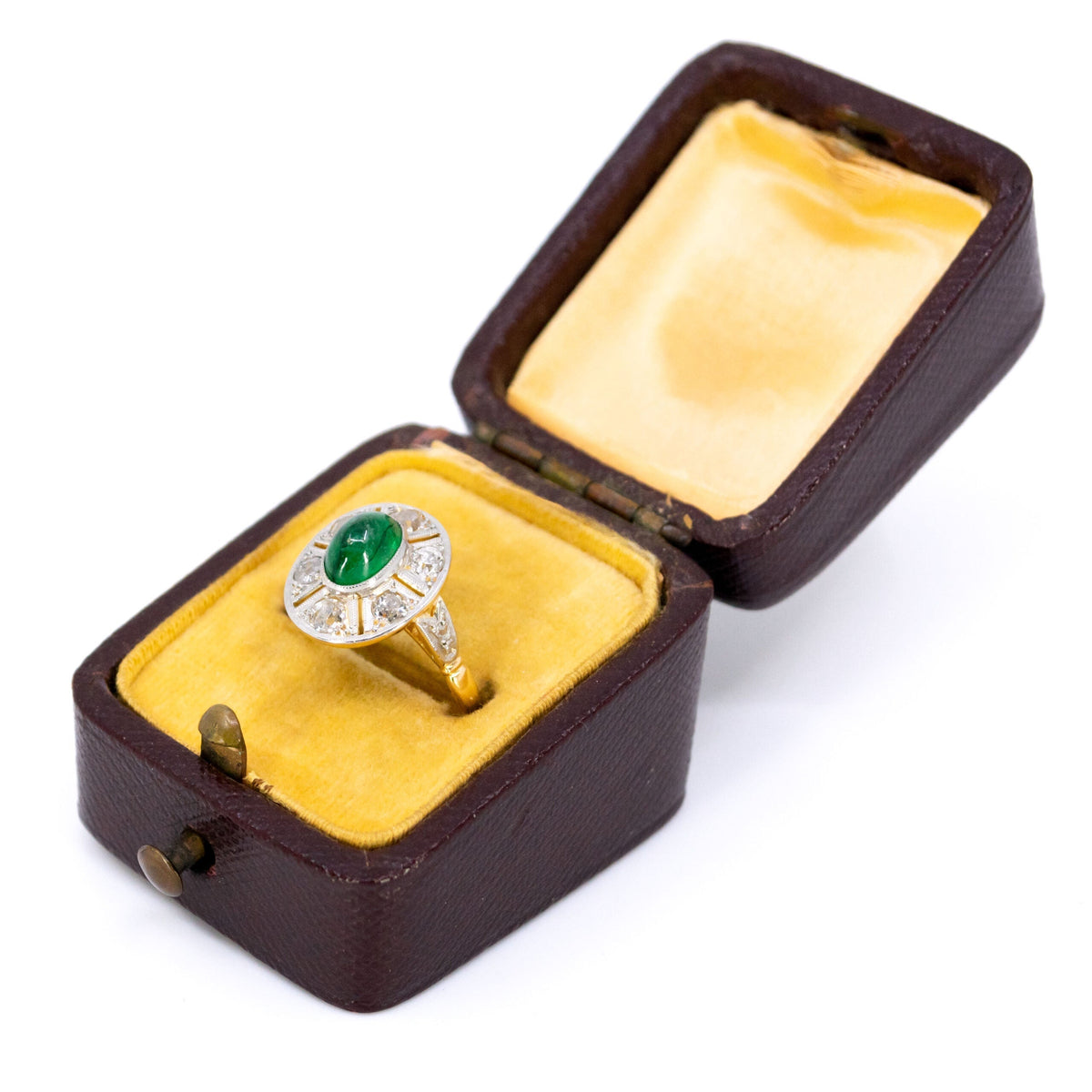 Art Deco 18 Carat Gold Cabochon-Cut Emerald and Old Mine-Cut Diamond Cluster Ring