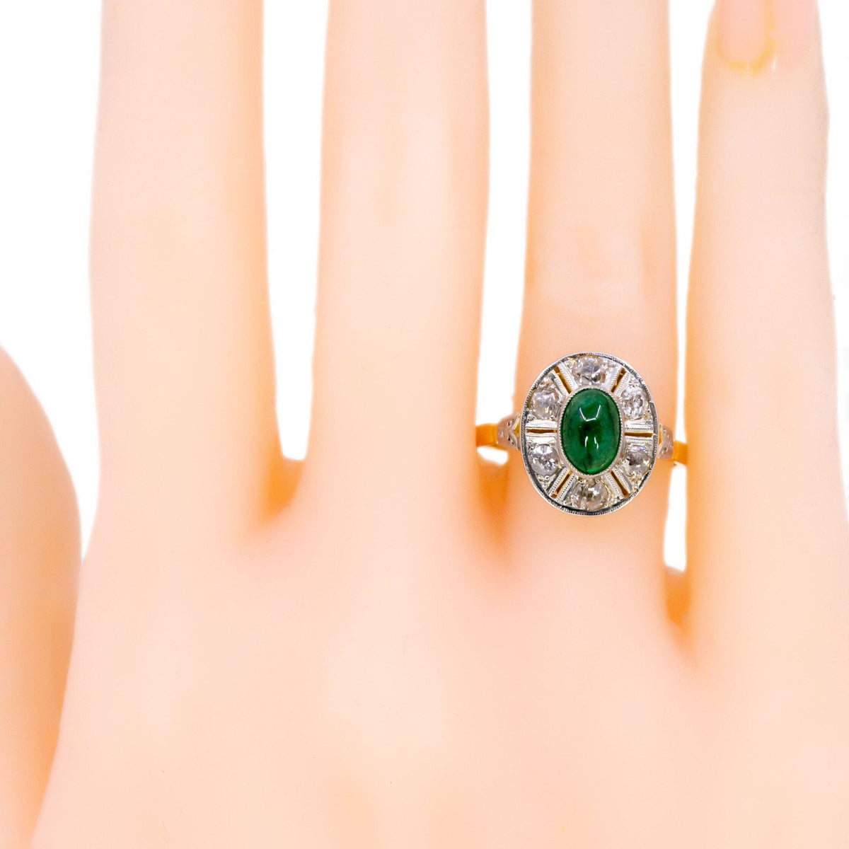 Art Deco 18 Carat Gold Cabochon-Cut Emerald and Old Mine-Cut Diamond Cluster Ring