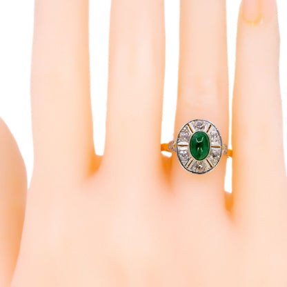 Art Deco 18 Carat Gold Cabochon-Cut Emerald and Old Mine-Cut Diamond Cluster Ring