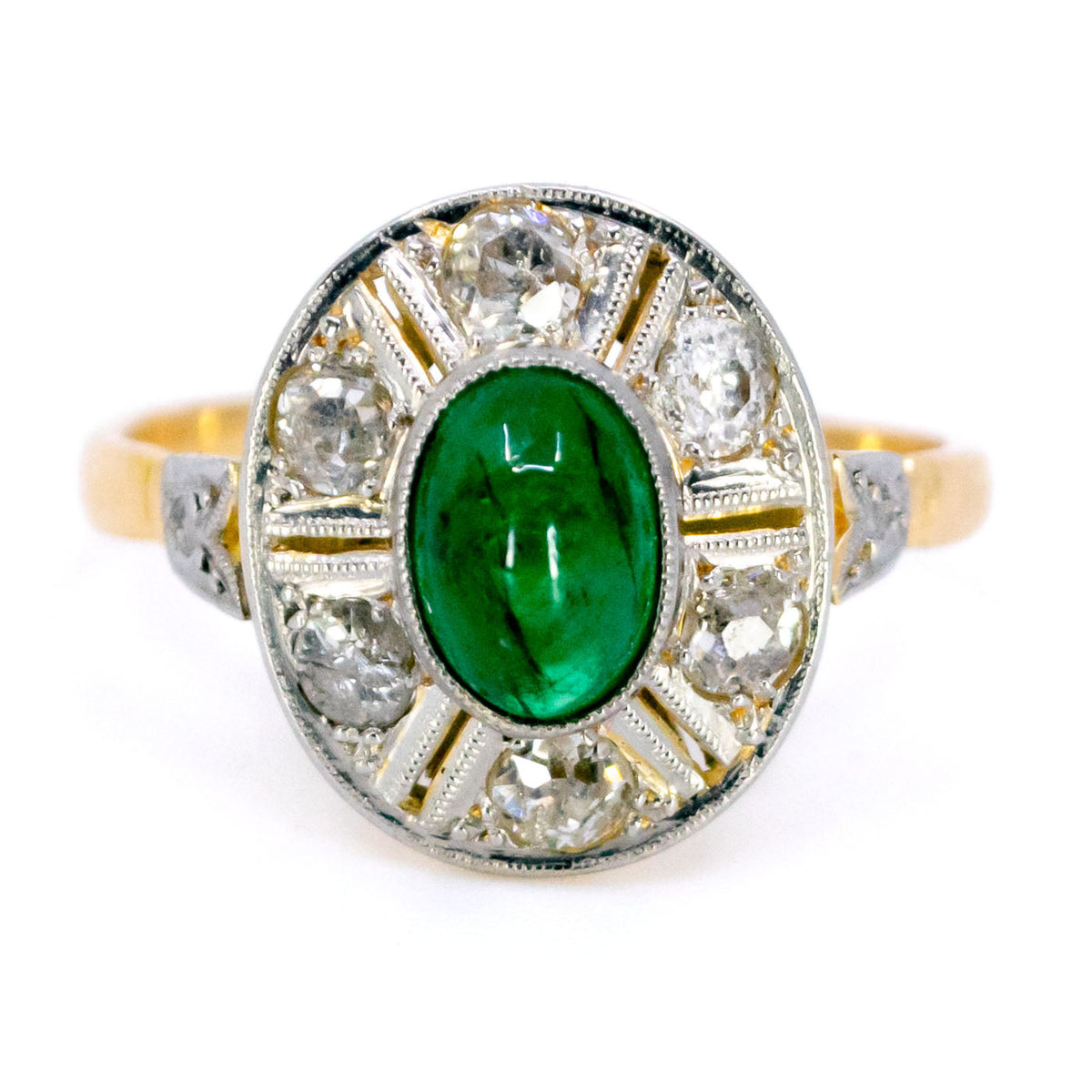 Art Deco 18 Carat Gold Cabochon-Cut Emerald and Old Mine-Cut Diamond Cluster Ring