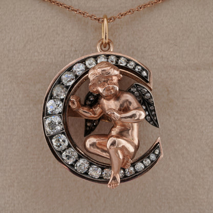 Antique Biedermeier 5ct Diamond Crescent and Winged Cherub Brooch Pendant, Signed Resch, Circa 1815-1848