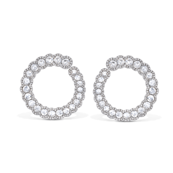 Rose Cut Diamond Hoop Earrings, 3.08 carats of round rose cut diamonds surrounded by 354 round brilliant-cut diamonds in a seemingly eternal spiral, in 18ct white gold