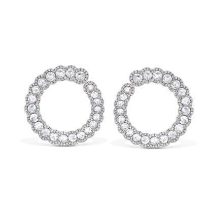 Rose Cut Diamond Hoop Earrings, 3.08 carats of round rose cut diamonds surrounded by 354 round brilliant-cut diamonds in a seemingly eternal spiral, in 18ct white gold