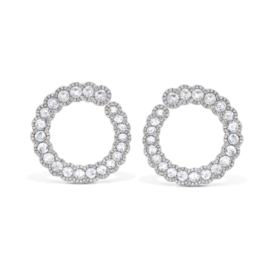 Rose Cut Diamond Hoop Earrings, 3.08 carats of round rose cut diamonds surrounded by 354 round brilliant-cut diamonds in a seemingly eternal spiral, in 18ct white gold