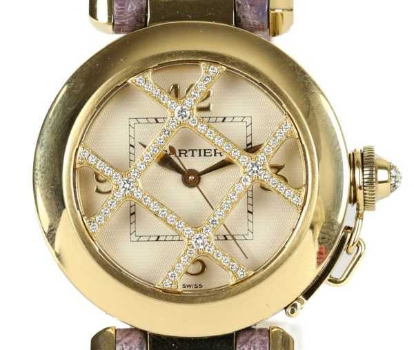 Cartier Pasha de Cartier 18ct Yellow Gold 2399 Ladies Automatic 32mm Wrist Watch With Removable Diamond Grill, white textured dial, Arabic numerals at 12, 3, 6 and 9 o'clock, sapphire crystal glass and a pavé set diamond crown cap. On a Cartier purple leather strap, with a Cartier 18ct yellow gold pin buckle.