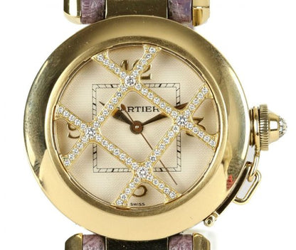Cartier Pasha de Cartier 18ct Yellow Gold 2399 Ladies Automatic 32mm Wrist Watch With Removable Diamond Grill, white textured dial, Arabic numerals at 12, 3, 6 and 9 o'clock, sapphire crystal glass and a pavé set diamond crown cap. On a Cartier purple leather strap, with a Cartier 18ct yellow gold pin buckle.