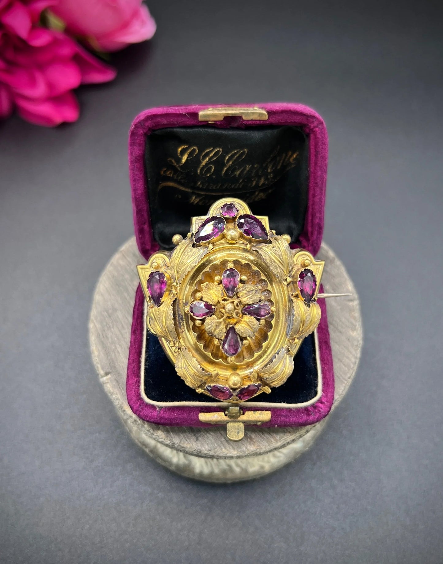 Antique 15ct Gold, Victorian Almandine Garnet Etruscan Design, Locket Back Brooch