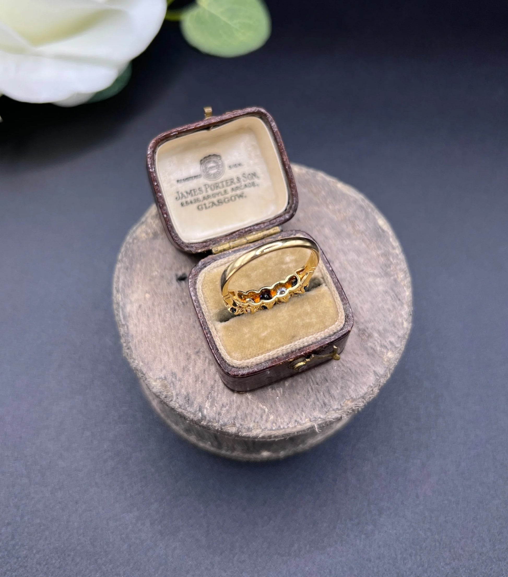 Vintage 18ct Yellow Gold, Victorian Style Sapphire and Diamond Five Stone Ring, London 1976