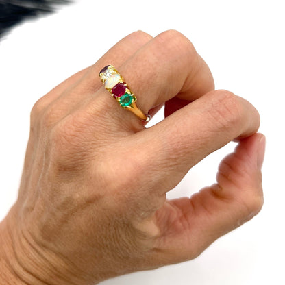 Antique Victorian ADORE Acrostic Ring 18ct Gold with Amethyst Diamond Opal Ruby Emerald
