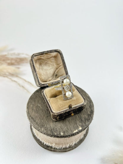 Edwardian Antique Pearl and Old Cut Diamond Trilogy Plaque Tablet Ring
