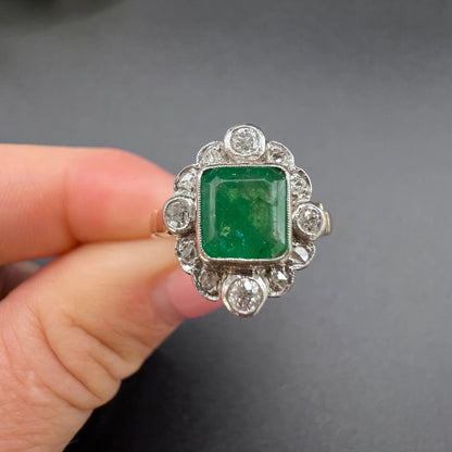 Vintage 18ct Gold, 1940s Emerald & Diamond Cluster Dress Ring