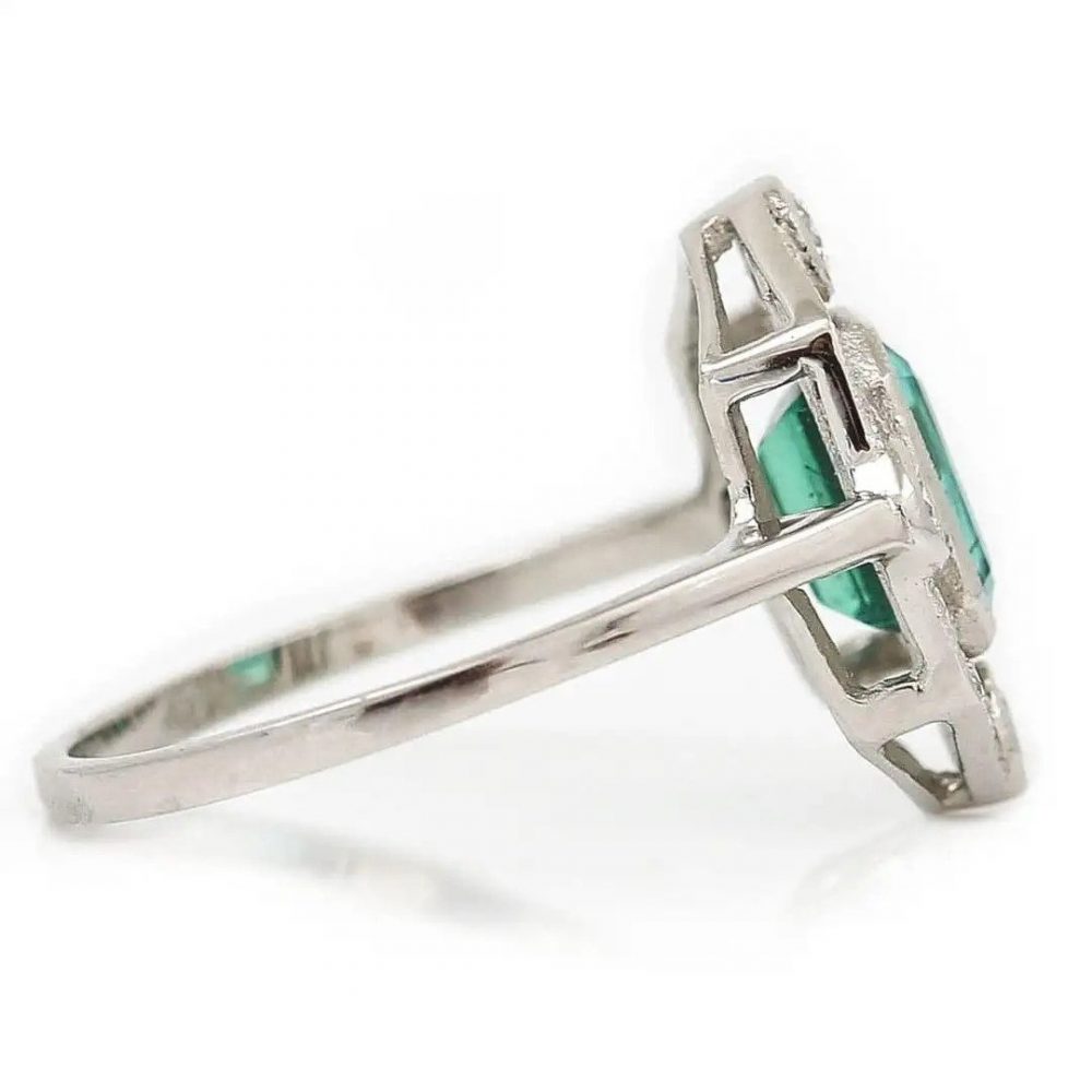 Art Deco Style 1ct Emerald and Diamond Halo Cluster Dress Ring in Platinum