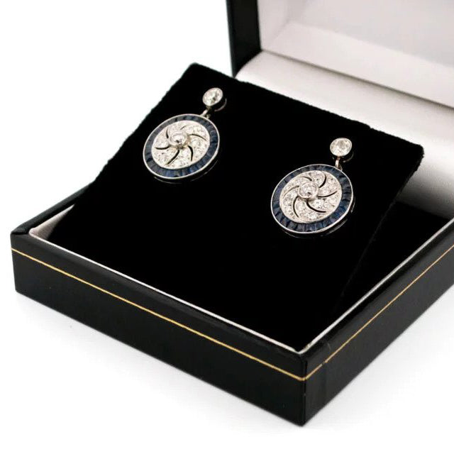 Art Deco Style 1ct Old Mine Cut Diamond and Sapphire Cluster Drop Earrings in Platinum