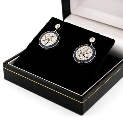 Art Deco Style 1ct Old Mine Cut Diamond and Sapphire Cluster Drop Earrings in Platinum