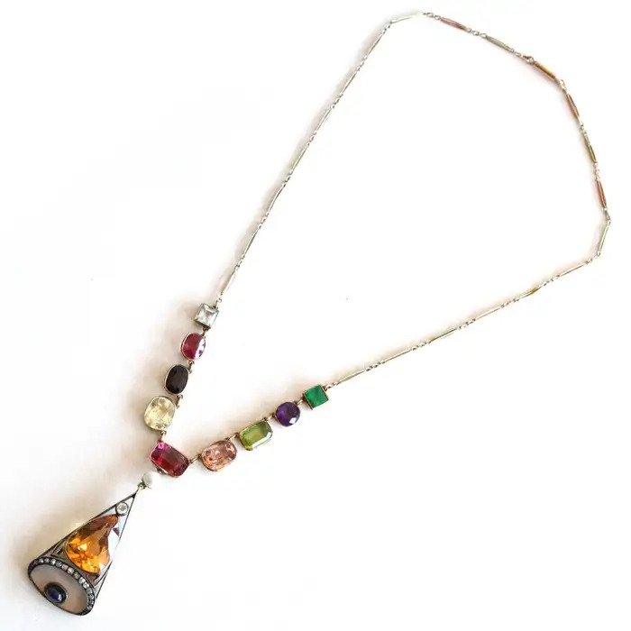Antique 1980s Russian Multi Gemstone Necklace