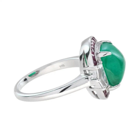 4.12ct Cabochon Natural Colombian Emerald with Ruby and Diamond Halo Ring