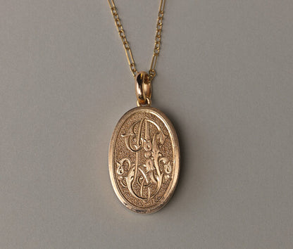 Antique Victorian 18ct Yellow Gold Oval Locket, open work scrolls, ornamental initial A set with rose cut diamonds. French, 19th century