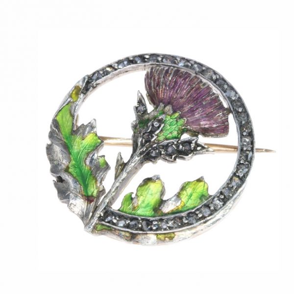 Victorian / Art Nouveau Enamel Thistle Brooch with Rose Cut Diamonds