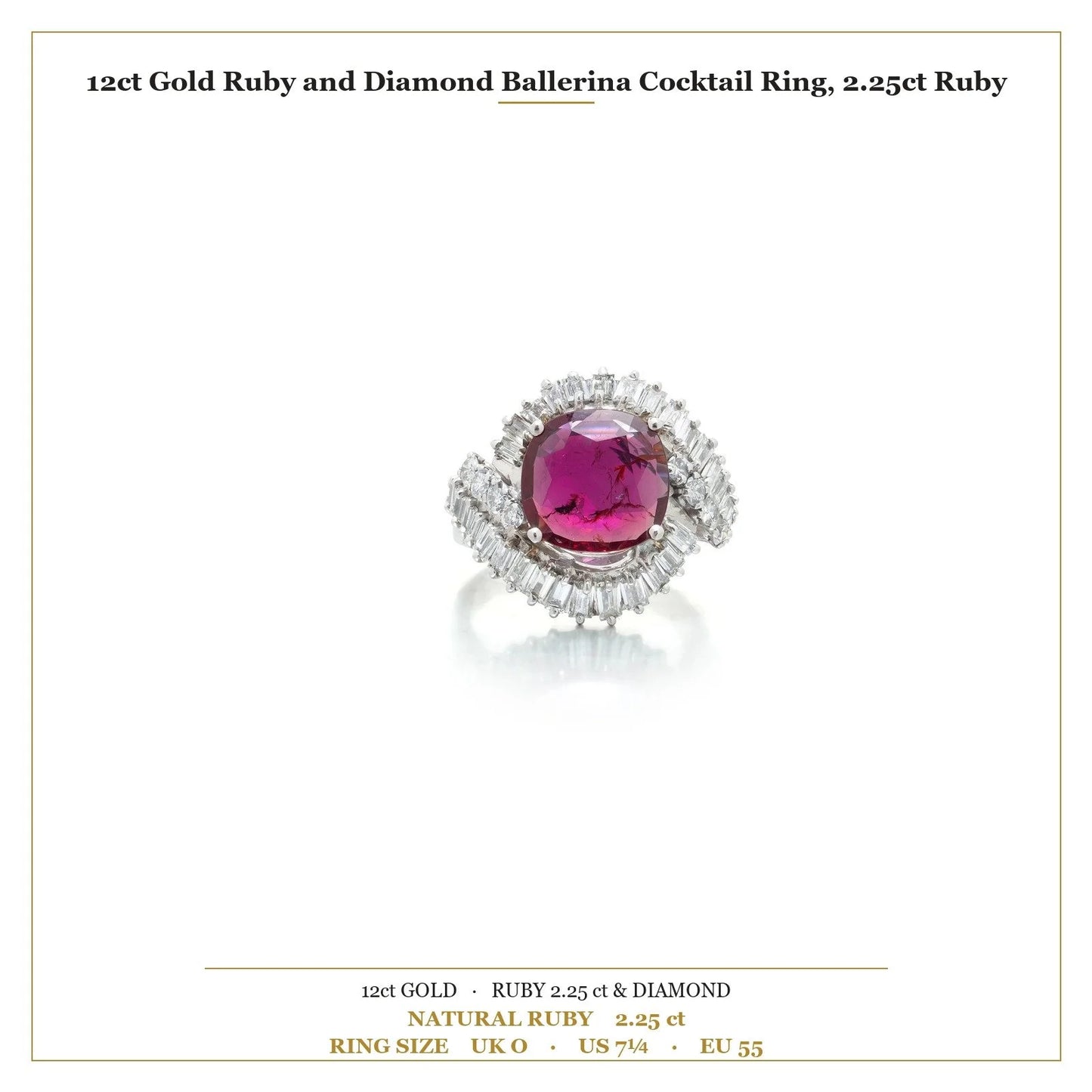White Gold Ruby and Diamond Ballerina Cocktail Ring, 2.25ct Ruby