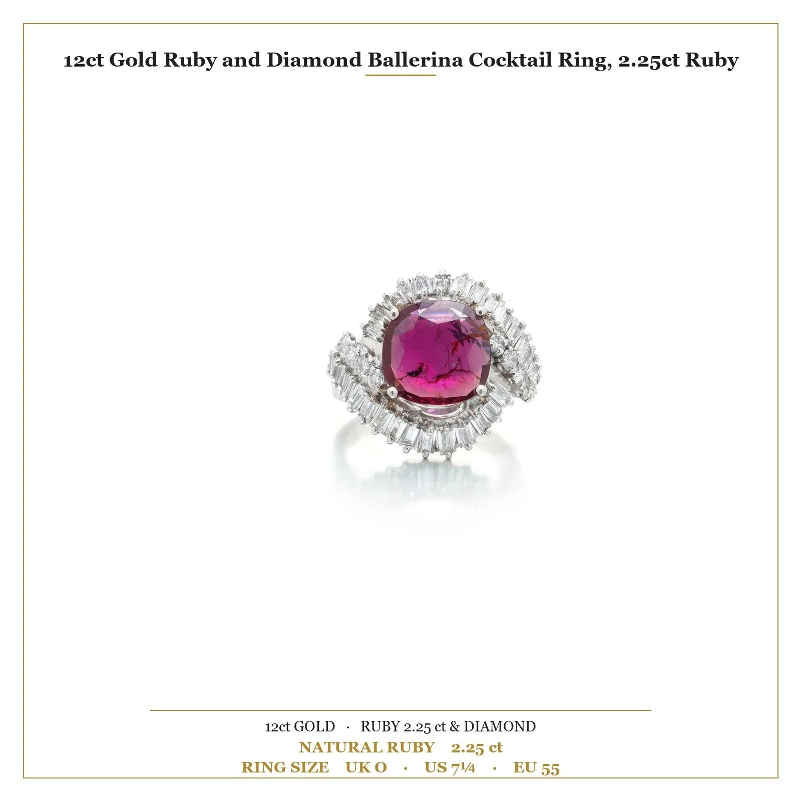 White Gold Ruby and Diamond Ballerina Cocktail Ring, 2.25ct Ruby