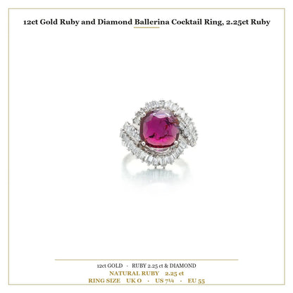 White Gold Ruby and Diamond Ballerina Cocktail Ring, 2.25ct Ruby
