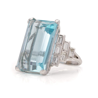 WGI Certified 23.60 Carat Aquamarine And Diamond Ring In White Gold