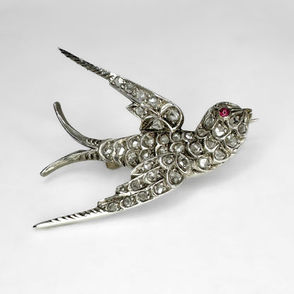 Victorian Antique Rose Cut Diamond Swallow Brooch with Ruby Eye
