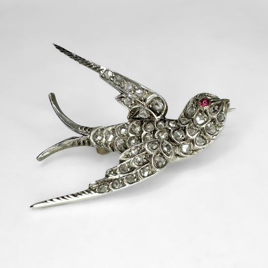 Victorian Antique Rose Cut Diamond Swallow Brooch with Ruby Eye