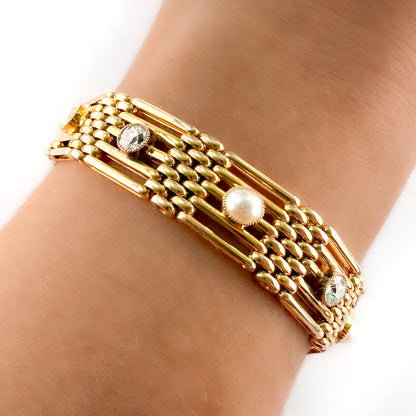 Edwardian Antique 15ct Gold Gate Link Bracelet with Diamond and Pearl