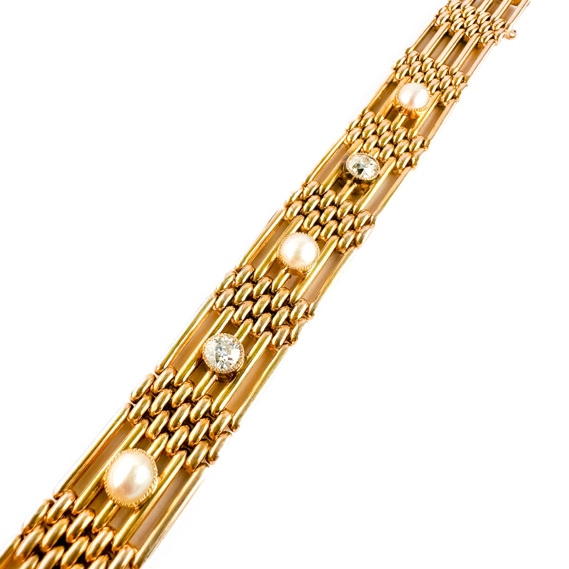 Edwardian Antique 15ct Gold Gate Link Bracelet with Diamond and Pearl
