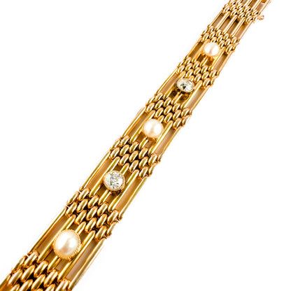 Edwardian Antique 15ct Gold Gate Link Bracelet with Diamond and Pearl