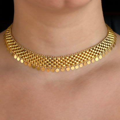 Late Victorian Antique Brick Link and Fringe Gold Collar Necklace