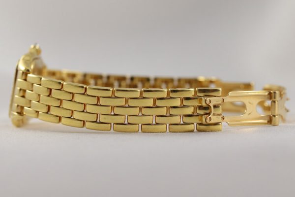 Cartier Panthere Ladies Original Diamonds 18ct Yellow Gold 22mm Quartz Watch, silver colour dial, Arabic numerals, sapphire glass, Cartier factory set diamond bezel and diamond crown, 18ct Yellow Gold bracelet with 18ct double-fold hidden clasp, with Cartier box.