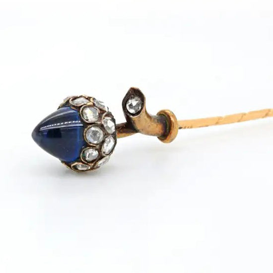 Antique 1.50ct Sugarloaf Sapphire and Rose Cut Diamond Hazel Nut Tie Pin by 19th century renowned Swedish crown jeweller Bolin