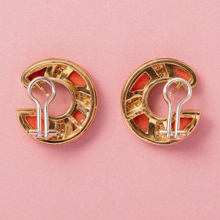 Vintage 1970s Italian Coral and Diamond Earrings in 18ct Yellow Gold
