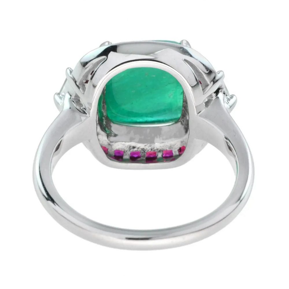 4.12ct Cabochon Natural Colombian Emerald with Ruby and Diamond Halo Ring