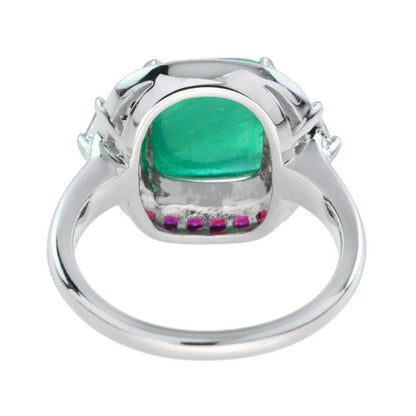 4.12ct Cabochon Natural Colombian Emerald with Ruby and Diamond Halo Ring