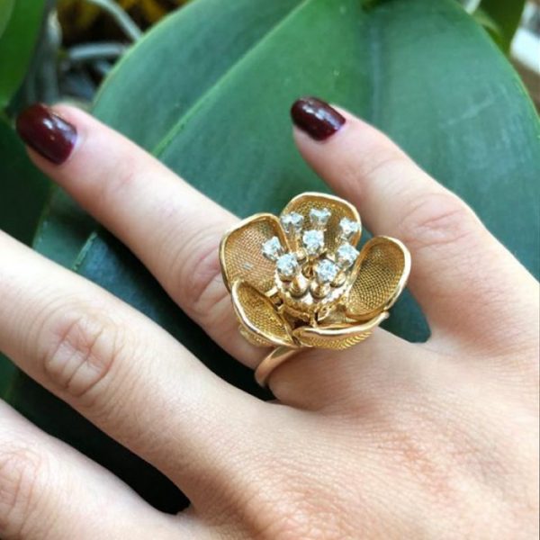 Vintage Piaget 18ct Gold and Diamond Flower Ring and Brooch Suite, Circa 1960