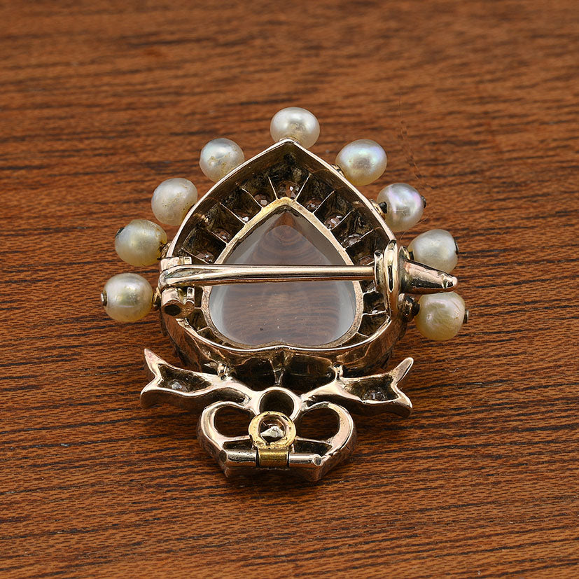 Victorian Antique Carved 3ct Moonstone Heart 1.40ct Old Mine Cut Diamond and Natural Pearl Pendant come Brooch