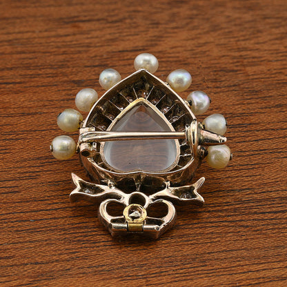 Victorian Antique Carved 3ct Moonstone Heart 1.40ct Old Mine Cut Diamond and Natural Pearl Pendant come Brooch