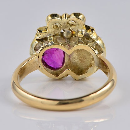 Georgian Antique Burma Ruby and Old Cut Diamond Double Heart Cluster Sweetheart Ring