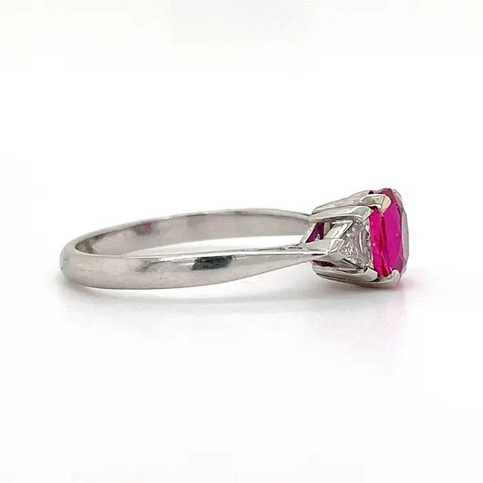Vintage 1.20ct Burmese Ruby and Trilliant Diamond Three Stone Engagement Ring in Platinum