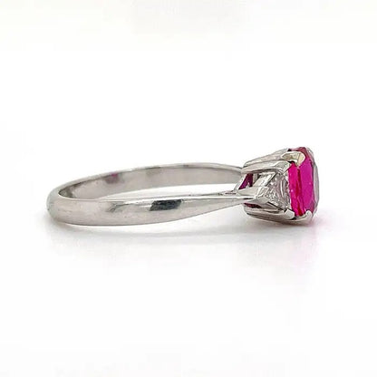 Vintage 1.20ct Burmese Ruby and Trilliant Diamond Three Stone Engagement Ring in Platinum