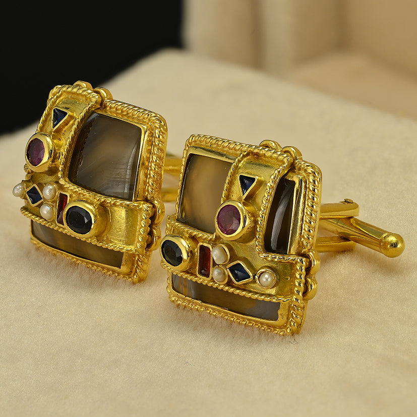 Vintage Percossi Papi Agate Multi Gemstone 18ct Yellow Gold Cufflinks
