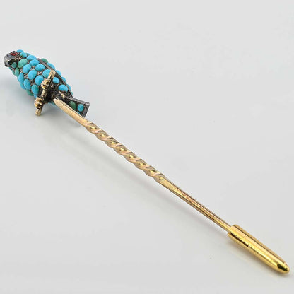 Early Victorian Antique Turquoise Parrot Stick Pin Brooch with Ruby Eyes, Late 19th century Circa 1840