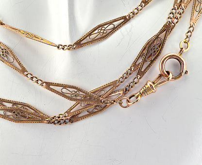 Antique Art Nouveau Filigree Lozenge 9ct Rose Gold Long Chain Necklace