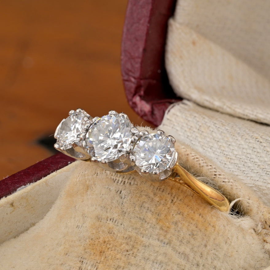 Art Deco Diamond Three Stone Engagement Ring, 1.30 carats
