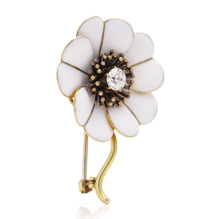 Antique Edwardian White Enamel and 18ct Yellow Gold Flower Brooch with 0.40ct Old European Cut Diamond