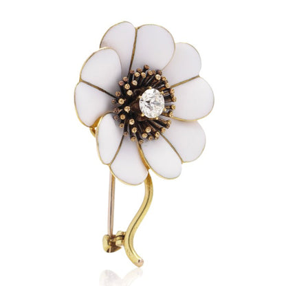 Antique Edwardian White Enamel and 18ct Yellow Gold Flower Brooch with 0.40ct Old European Cut Diamond