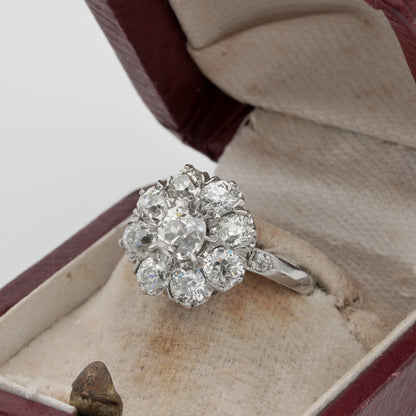 Edwardian Antique 3.15ct Old Cut Diamond Daisy Flower Cluster Engagement Ring in Platinum